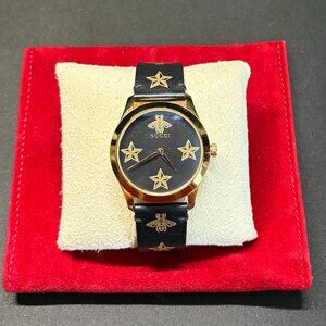 Gucci Watch Timeless 38mm Bee Star Black Leather Gold Unisex Stainless Steel